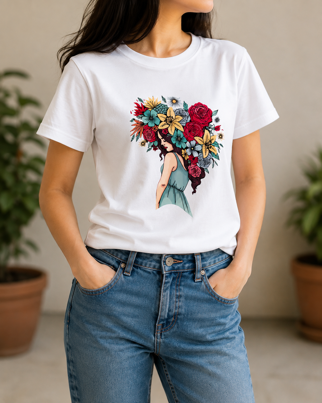 White t-shirt with a colourful floral personalised print