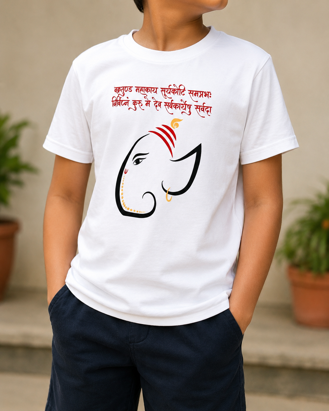 White t-shirt printed with a Ganesha design