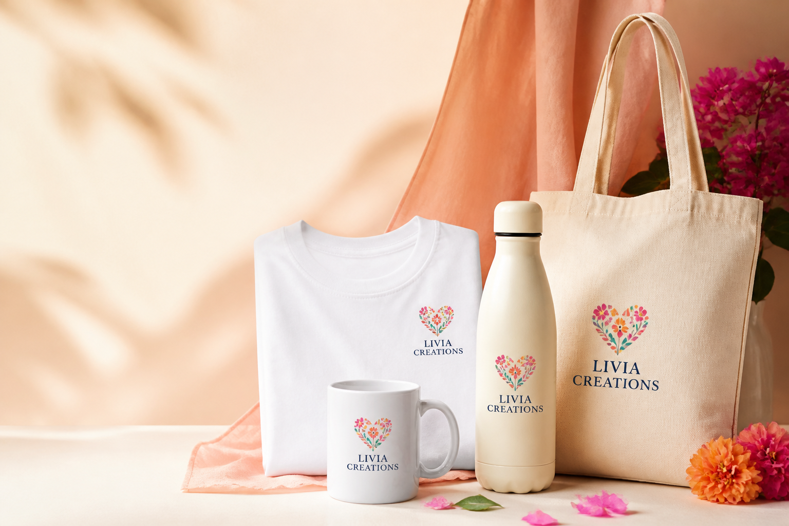 Livia Creations branded mug, t-shirt, tote bag and bottle