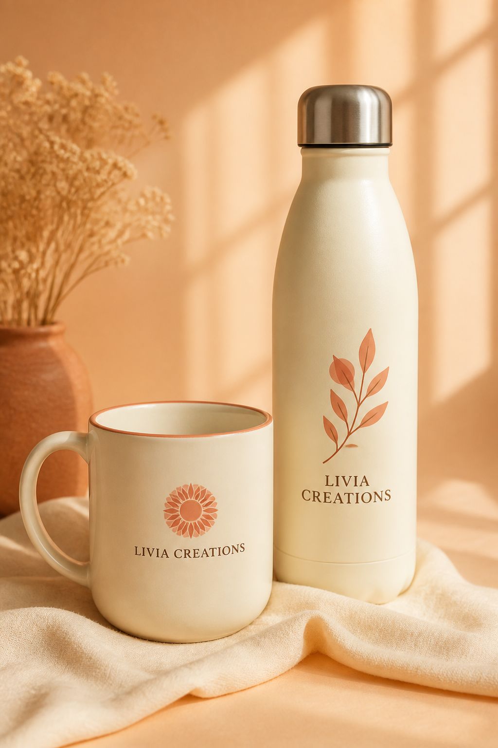 Livia Creations branded custom mug and sipper bottle
